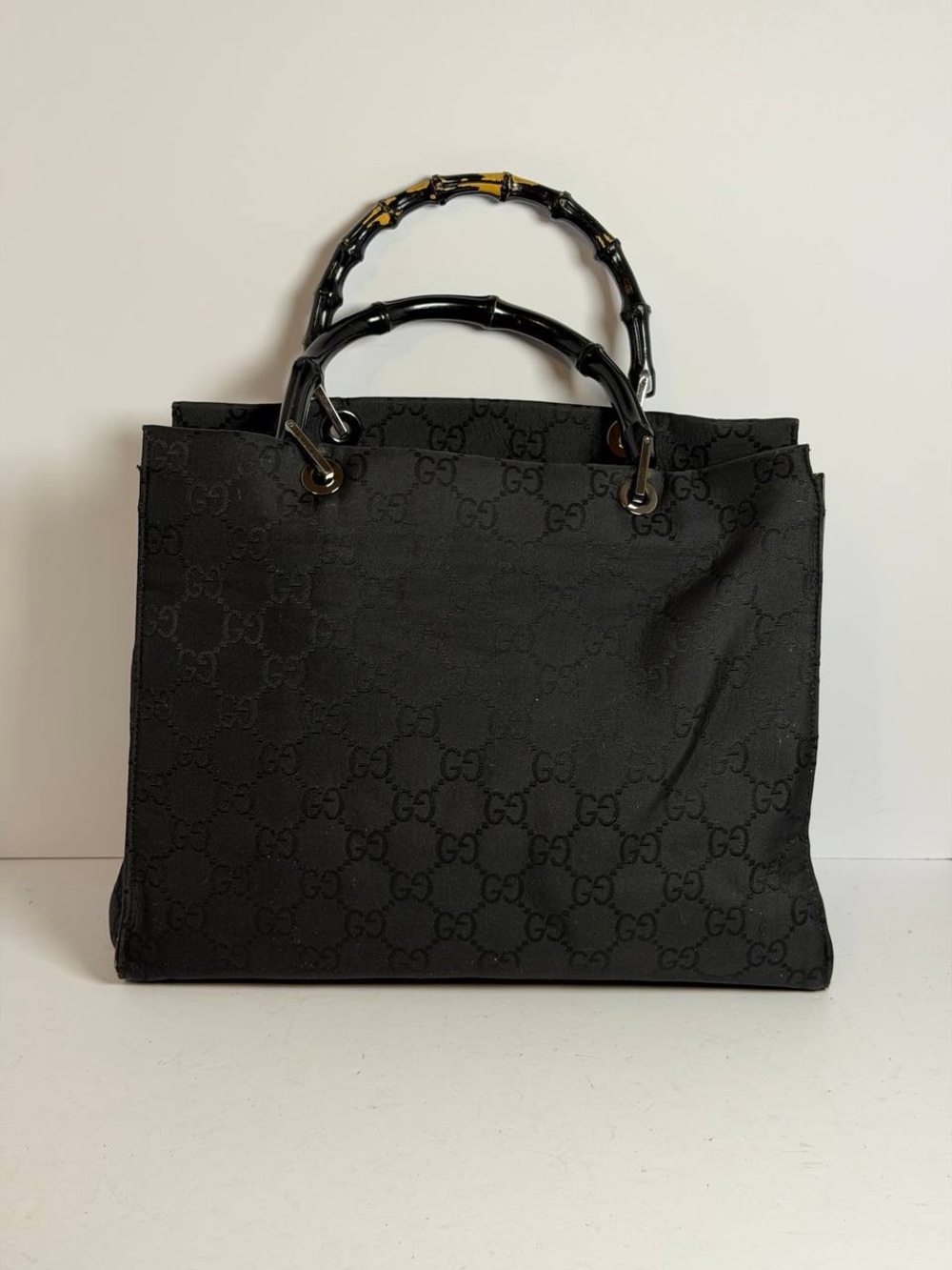 Vintage Gucci GG Monogram Nylon Top Bamboo Handle Bag